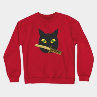 Halloween Ninja Cat. Black Cat with Jack o Lantern Eyes and Sword. (Orange Background) Crewneck Sweatshirt